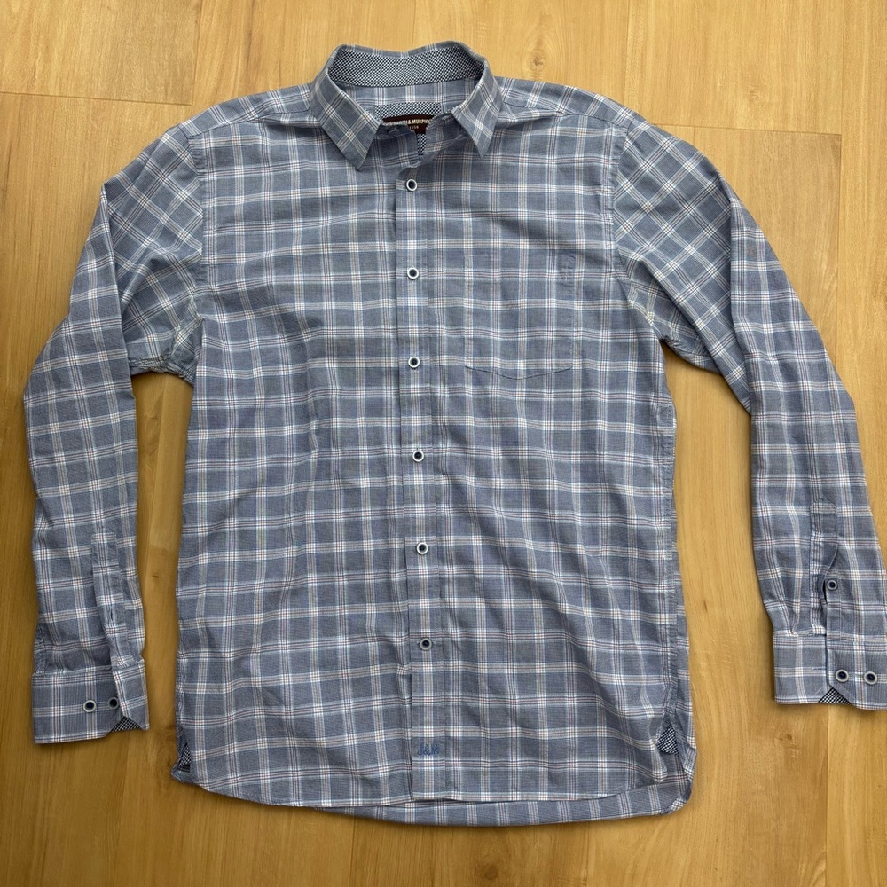 Johnston & Murphy Men’s Long Sleeve Button Up Blue Plaid Medium 100% Cotton